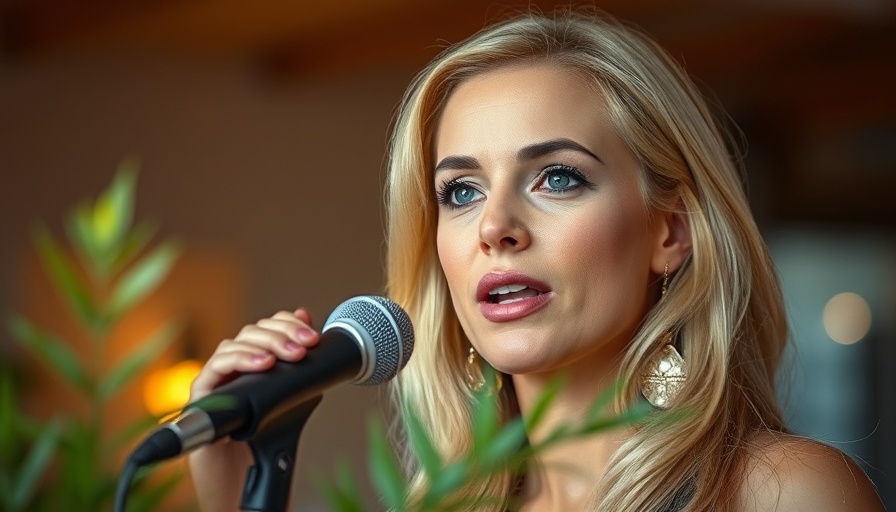 Blonde woman speaking into a microphone indoors, soft lighting.