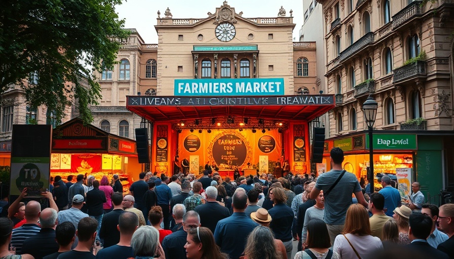 Great American Farmers Market stage with a lively crowd and banners.