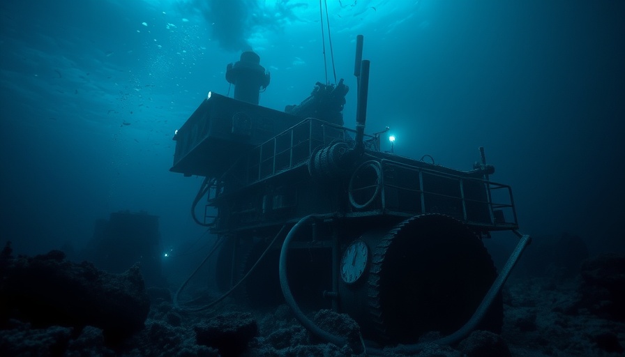 Deep sea mining for metals, eerie machine in murky waters.