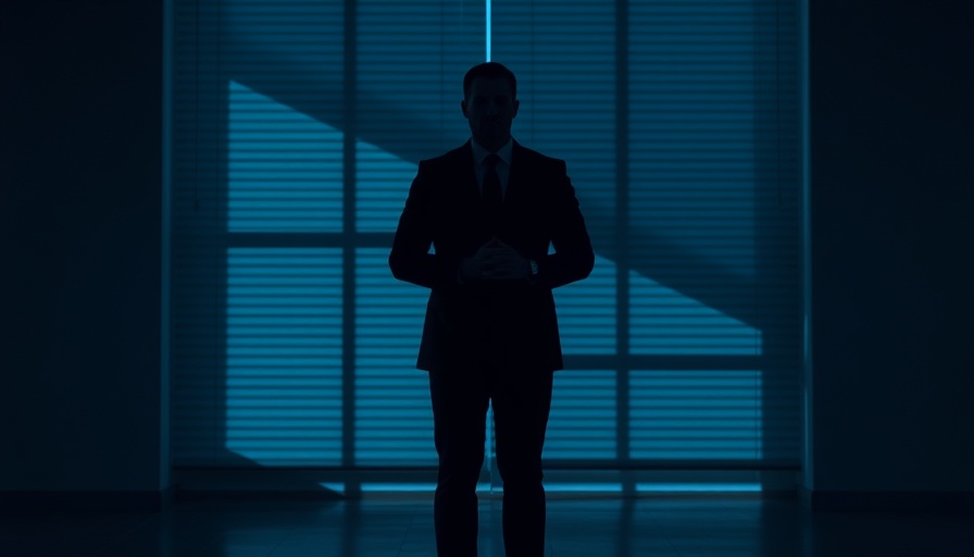 Silhouette of a confident man in suit by window blinds, illustrating marketing credibility and influence.