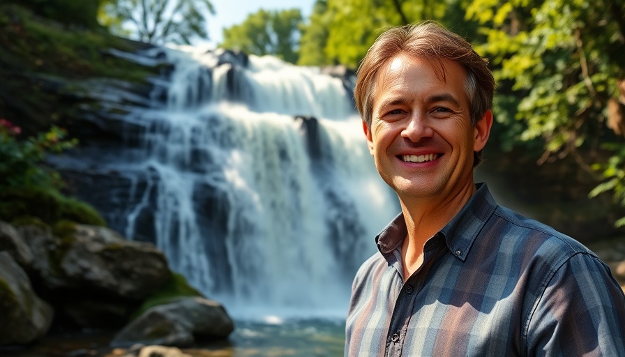 Man smiling near Great Falls of Paterson NJ waterfall, greenery in background.