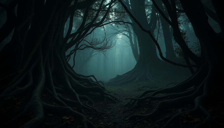 Enchanted forest with glowing roots illustrating wood-wide web concept.