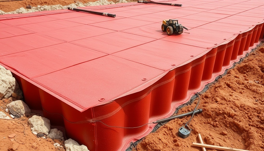 Red Stego vapor barrier at a construction site, foundation secured.