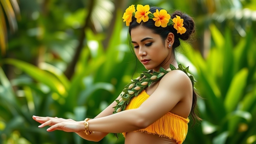 Hawaiian hula dancer performing in traditional attire outdoors.