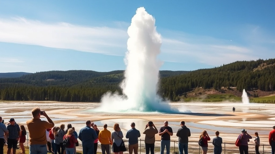 Yellowstone geyser eruption under clear sky, visitors observing.