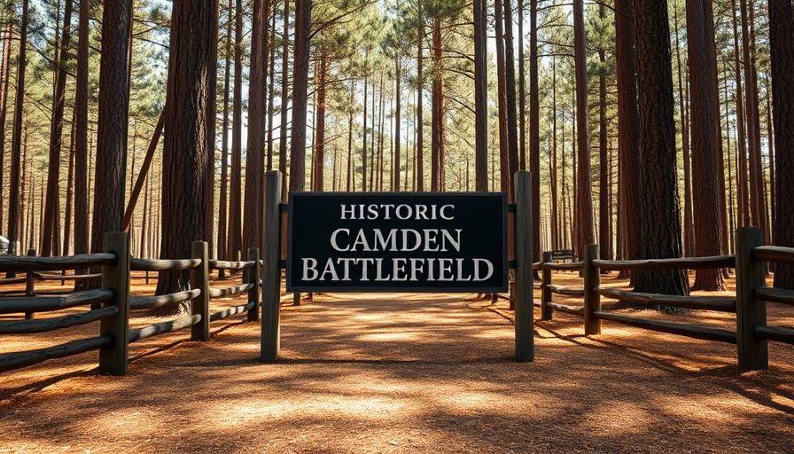 Battle of Camden significance: Historic Camden Battlefield entrance sign amongst pine trees.