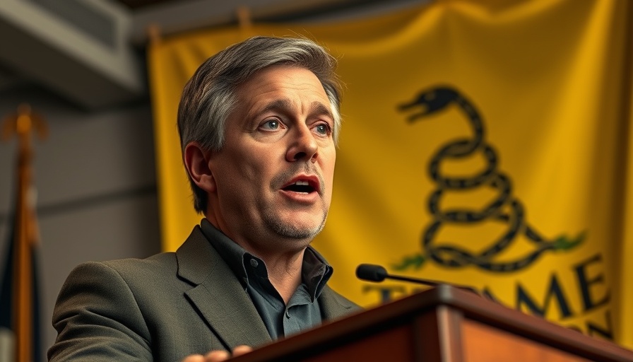 Pro-gun governor speaking at podium with 'Don't Tread On Me' banner.
