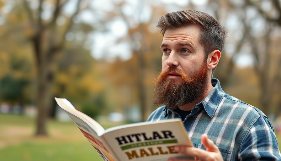 Casual bearded man with sunglasses holding magazine in park, questioning.