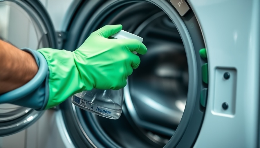 Cleaning front-load washer rubber gasket with spray bottle in laundry room.
