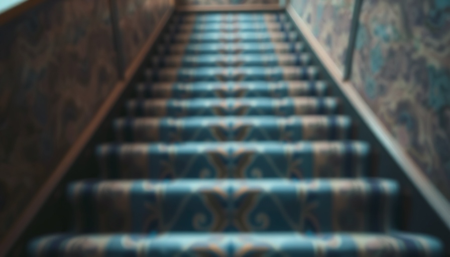 Blurred carpet with subtle blue hues and geometric patterns on stairs.