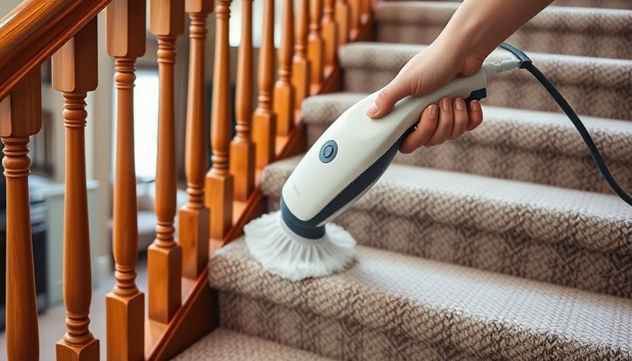 Steam cleaning carpeted stairs with wand, indoor home setting.