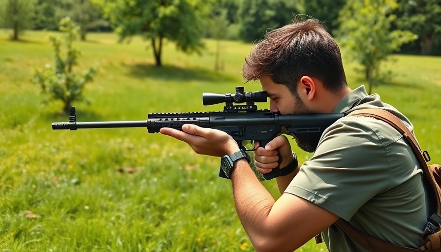 Responsible gun ownership: person aiming rifle in green field.