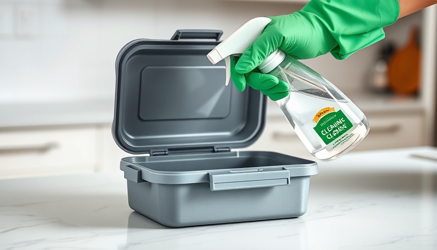 Cleaning a lunchbox using a spray, kitchen setting.