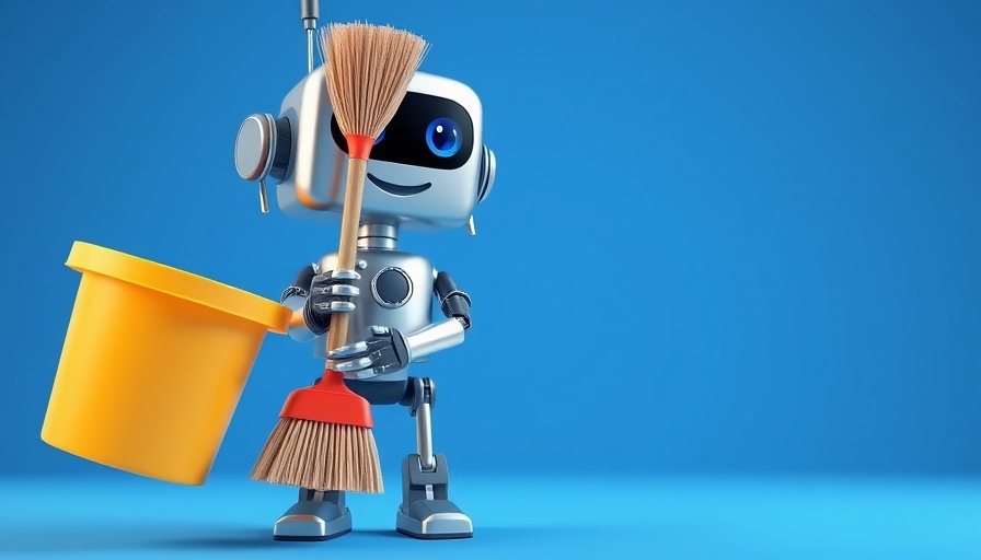 Humanoid robot in janitorial role with broom and bucket.