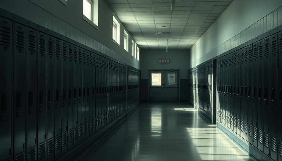 Empty school hallway with lockers, reflecting somber mood.
