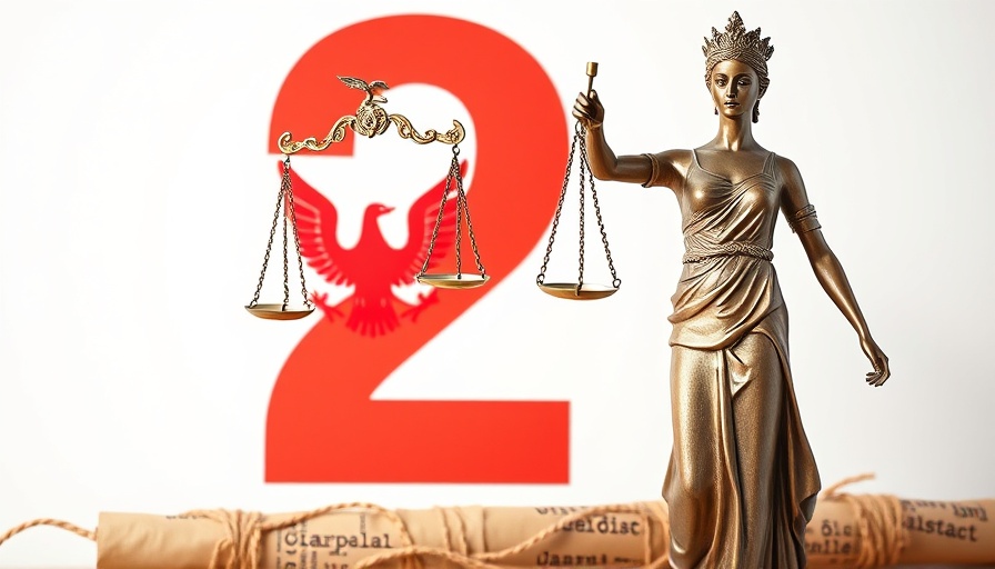 Lady Justice statue with red number 2 and eagle emblem background, SAF Amicus Brief.