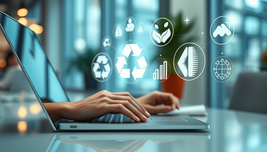 Person typing on laptop with sustainability icons, highlighting sustainability assessments for business profitability.