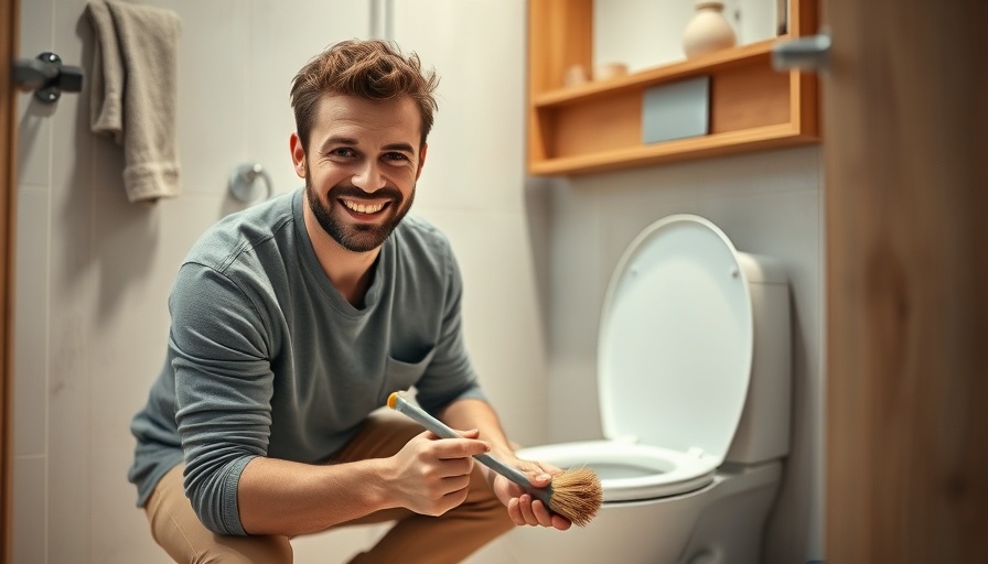 Smiling young man cleaning a toilet, bathroom cleaning tips demo.