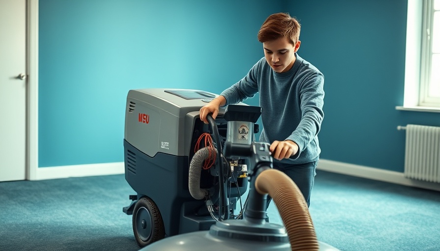 Person using a carpet cleaning machine in a room with blue walls.