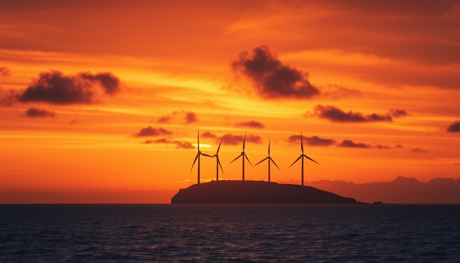 Sunset view of North Sea Energy Island with wind turbines.
