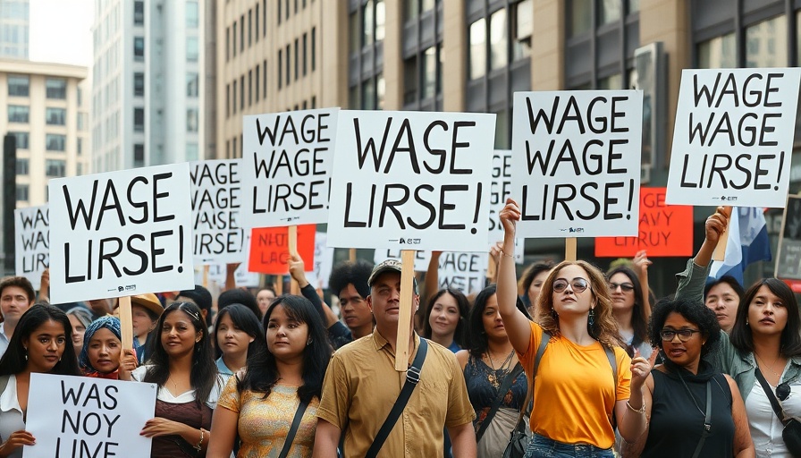 Protesters advocating for California minimum wage hike with signs, city background.