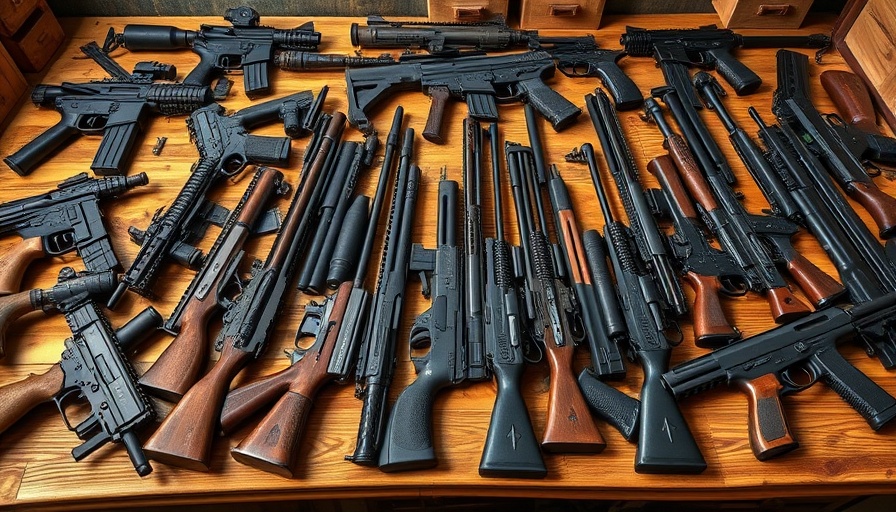Oregon Firearms Federation display of firearms on wooden table.