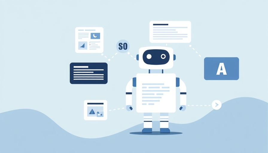 AI in content marketing graphic with robot and content elements.