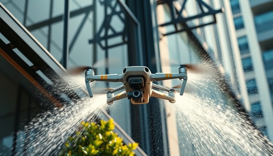 Drone window cleaning technology in action, spraying water on a building.