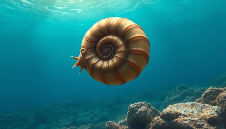 Ancient ammonite swimming in serene ocean depths, illustrating AI-Infused Capabilities in Business