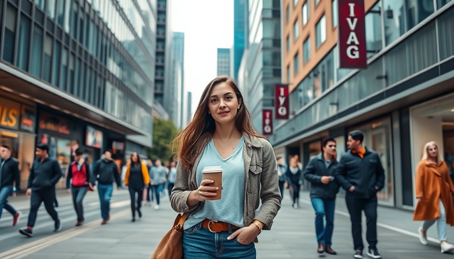 Urban scene with a fashionable young woman on a city sidewalk.