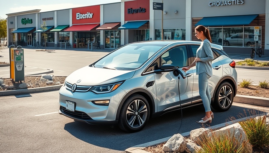 Woman charging electric vehicle in sunny parking lot, demand for EV chargers.