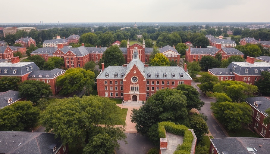 Aerial view of university campus with central brick building.