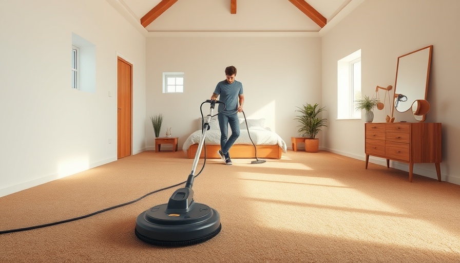 Spacious room with carpet being cleaned using a floor machine.