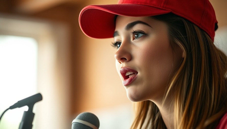 Young woman in red cap speaking into a microphone indoors.