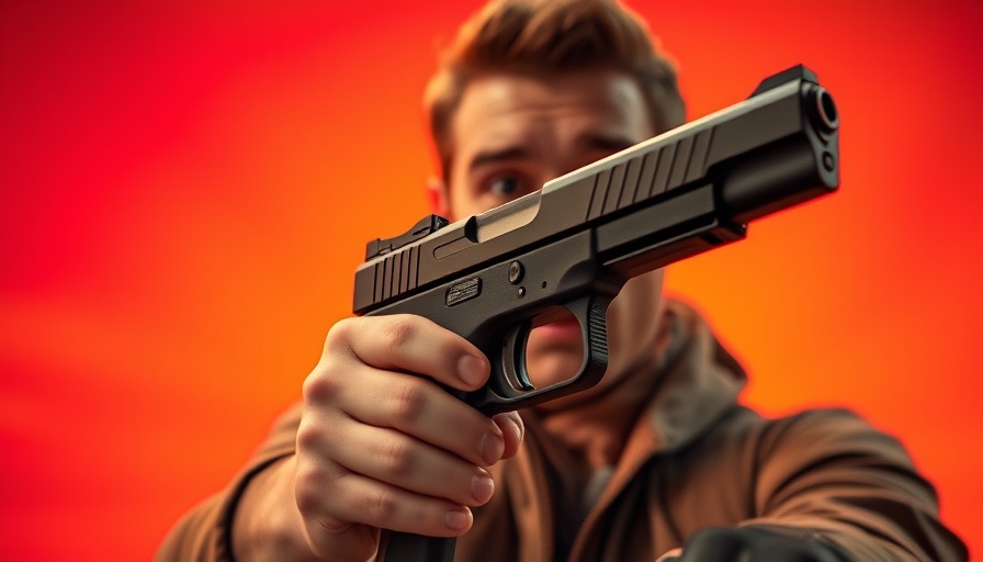 Enthusiast showcasing new firearm technology with excitement.