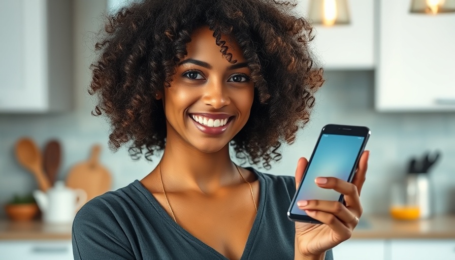 Confident curly-haired woman showcasing financial app on smartphone, modern kitchen.