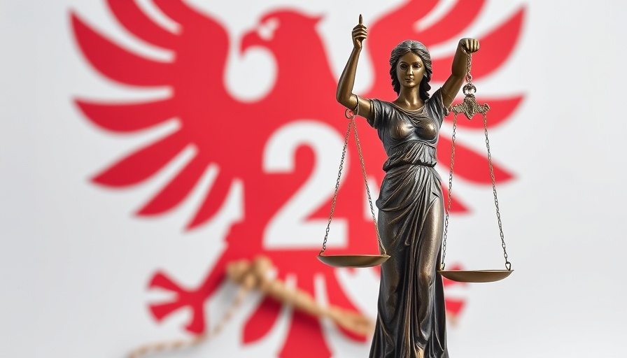 Statue of Justice overlaid with bold red symbol, wrapped in paper.