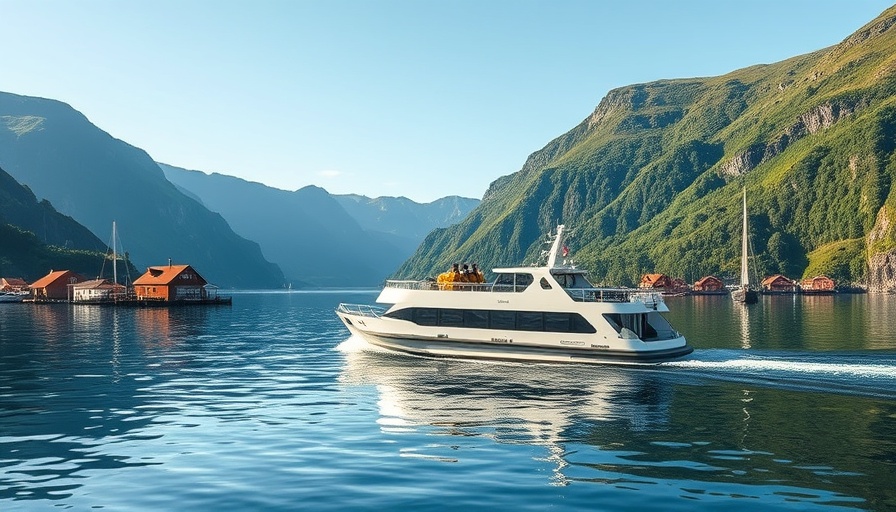 Electric ferry on Norwegian fjord near village houses