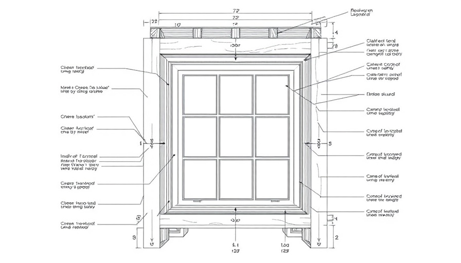 Architectural drawing of window in double stud wall with details.