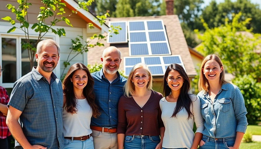 People in front of solar-paneled house showcasing solar energy savings tips.