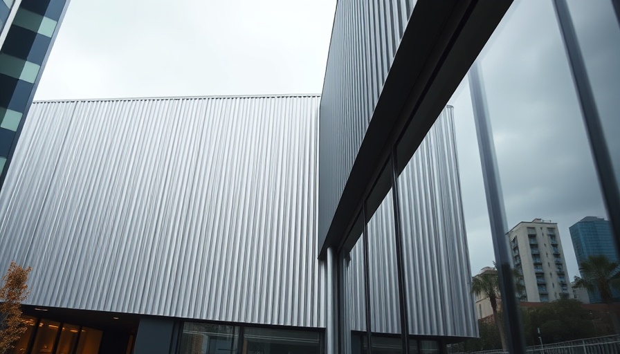 Modern building with rainscreen corrugated metal siding and urban backdrop.
