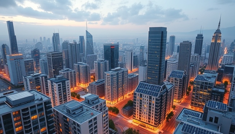 Solar energy solutions in urban cityscape with interconnected buildings