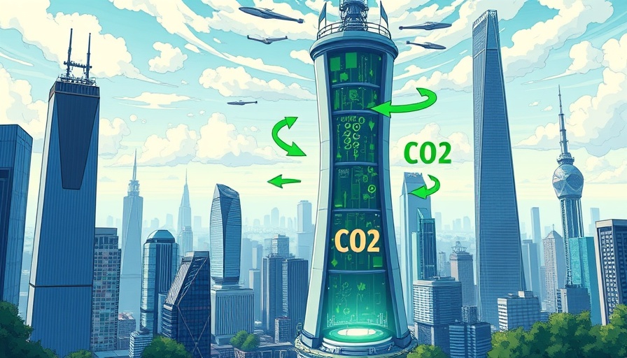 Futuristic tower absorbing CO2 emissions for carbon capture innovations.