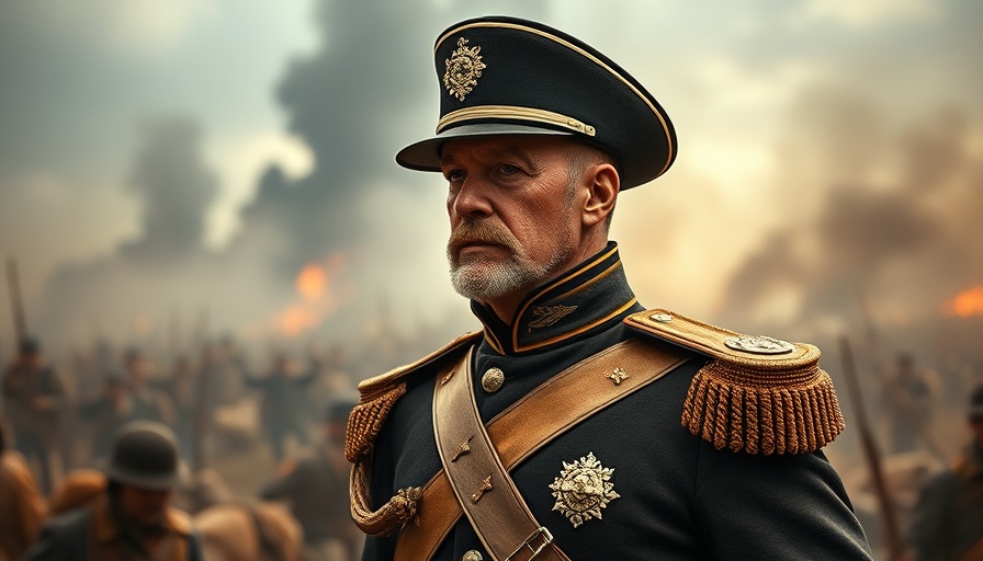 Classical portrait of a 19th-century military figure and battlefield, First Principles of Strategy
