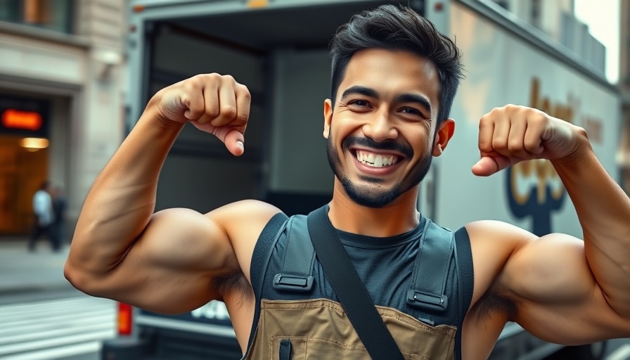 Amazon driver fitness transformation, smiling and flexing on the street.