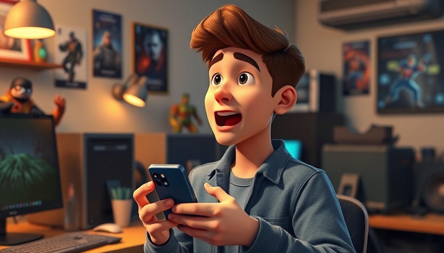 3D caricature of a young man discussing technology in a tech room.