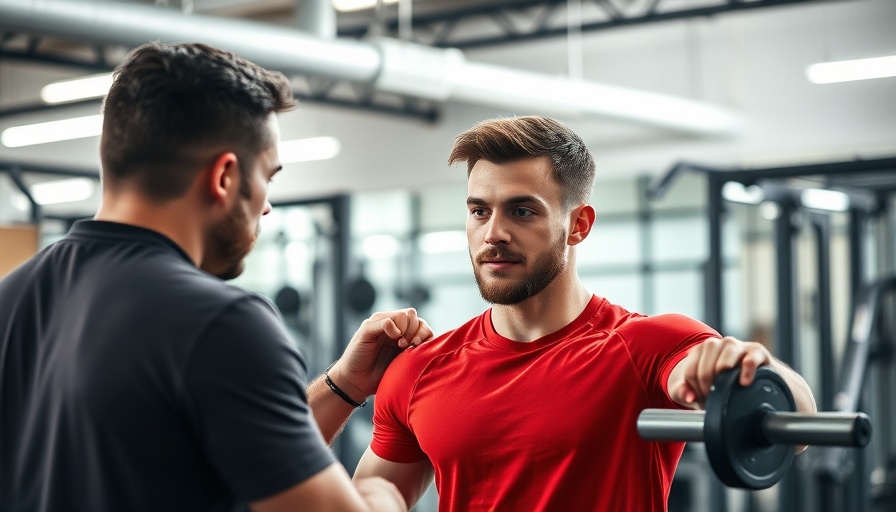 Gym scene with coach guiding a young man in a workout session