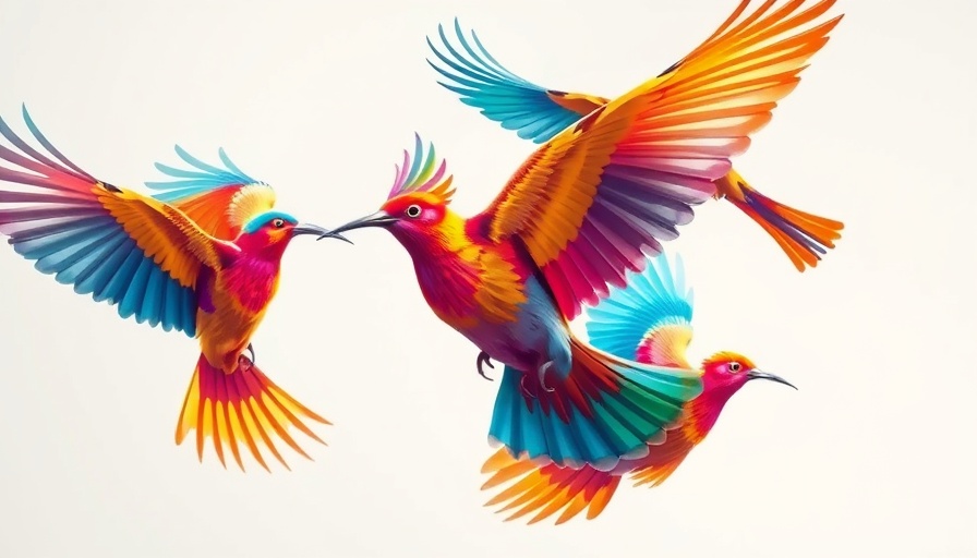 Colorful abstract birds flying to prevent window collisions.