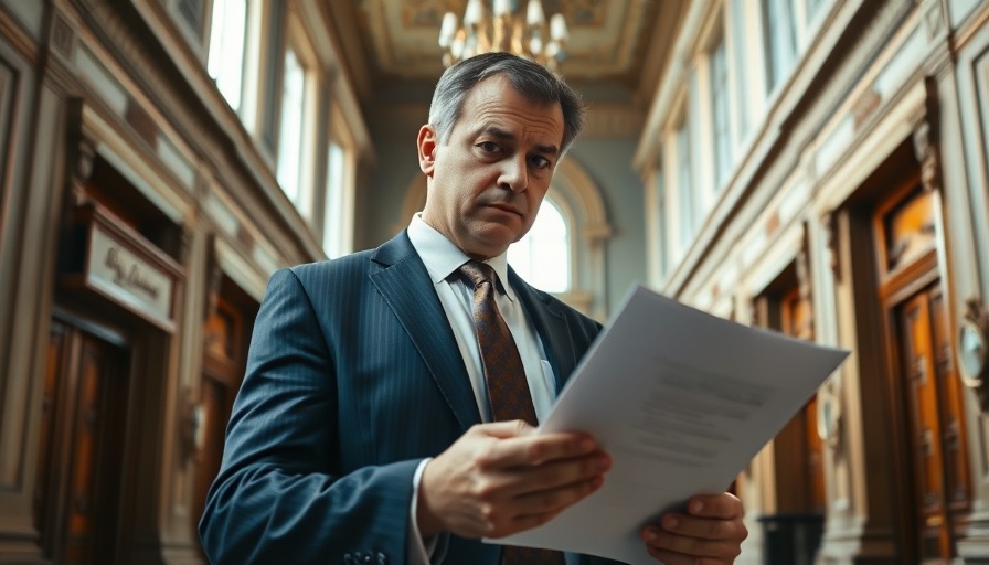 Professional man puzzled reading legal document in courthouse, 9th Circuit Gun Conviction Ruling.