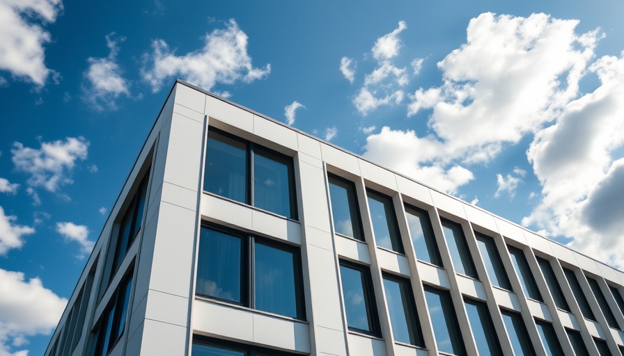 Modern building featuring thin boxy exterior window trim against sky.